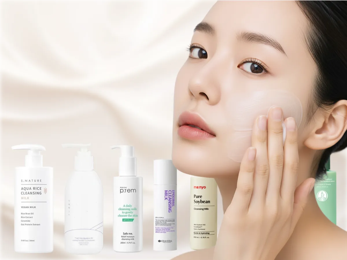 Best Korean cleansing milks displayed behind korean model