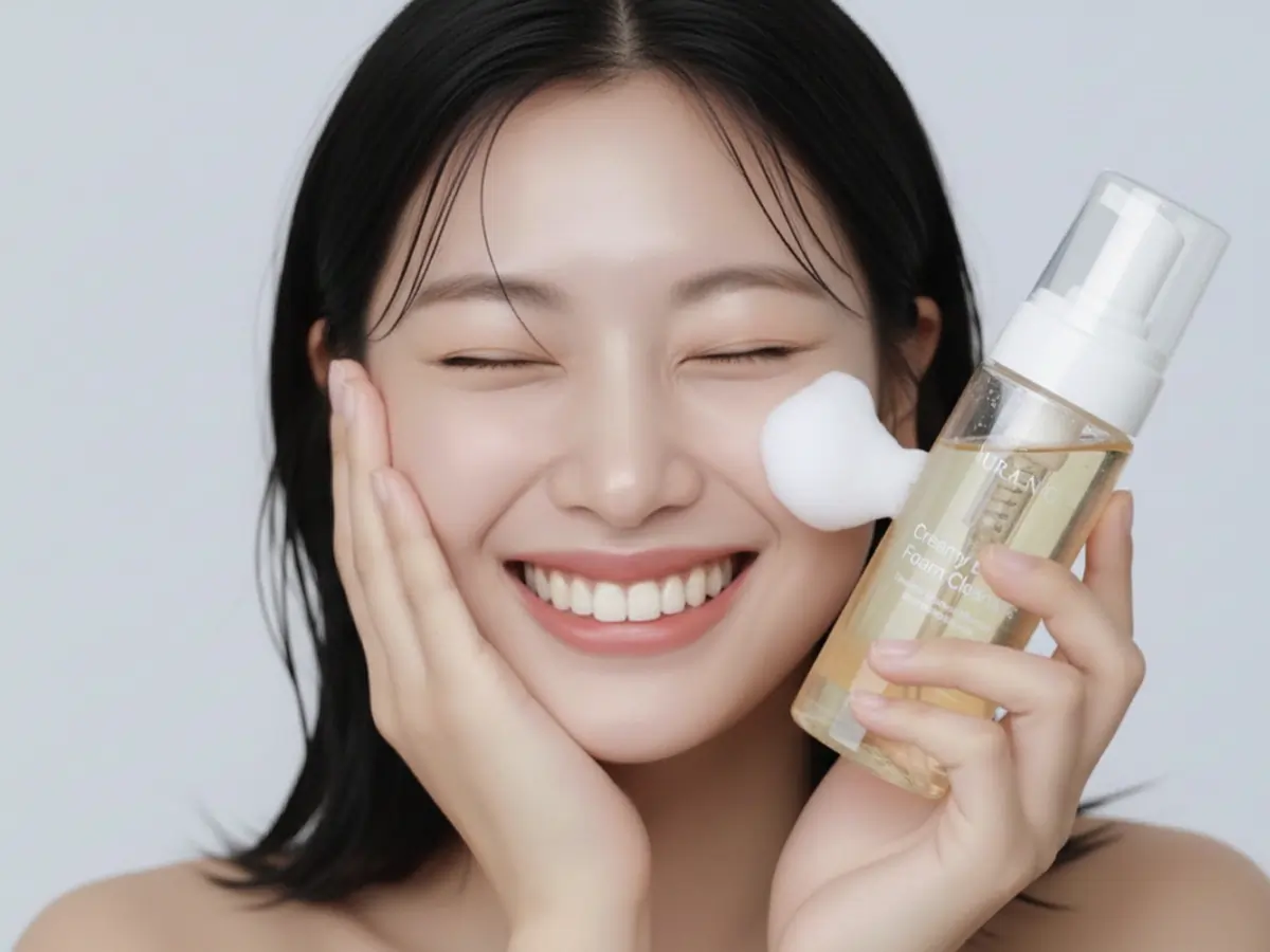A woman holding Urang Foam Cleanser, one of the best Korean foaming face washes