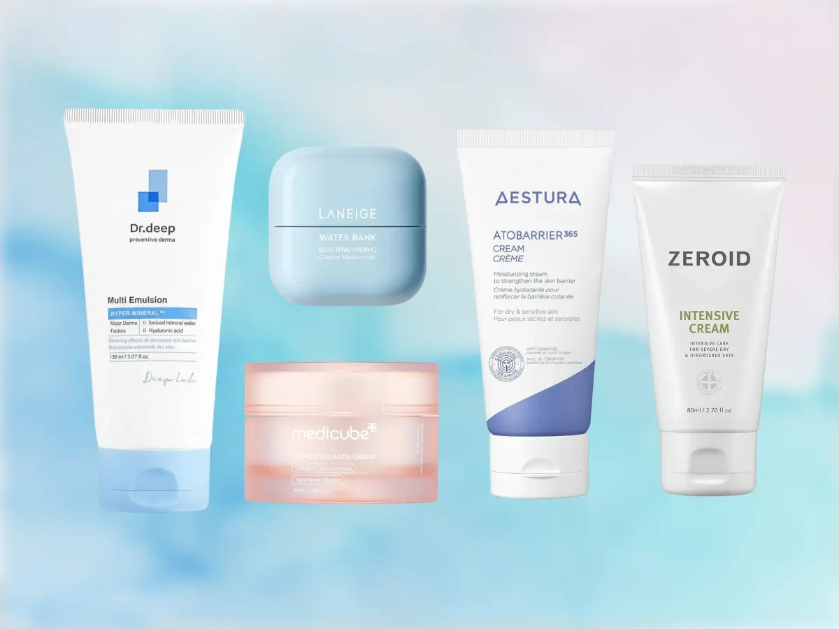 5 Best Korean moisturizers for dry skin displayed against blue abstract background