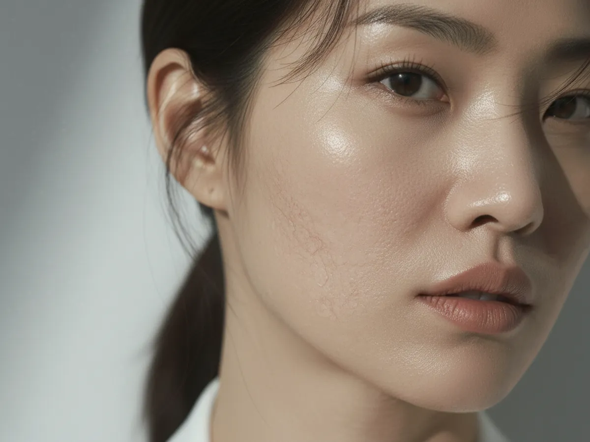Close-up of a Korean woman with combination skin, showing visible dryness on her cheeks.