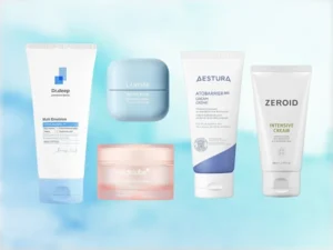 5 Best Korean moisturizers for dry skin displayed against blue abstract background