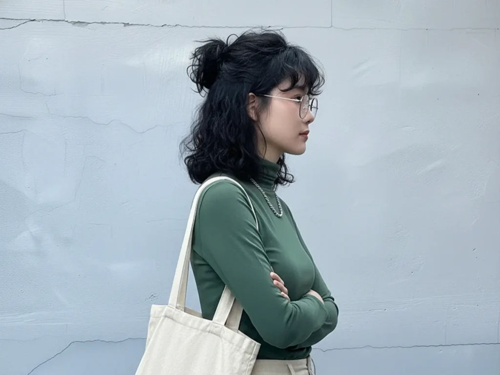 Hippie perm with a half-up hairstyle