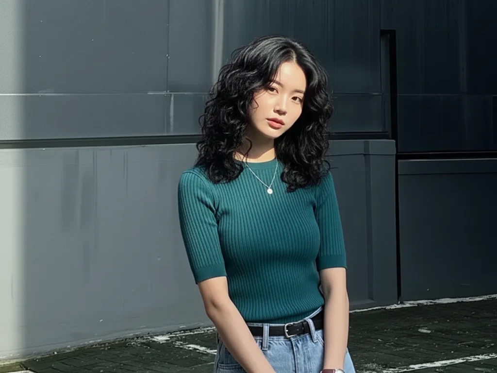 Woman with thick, voluminous hair styled in a loose hippie perm