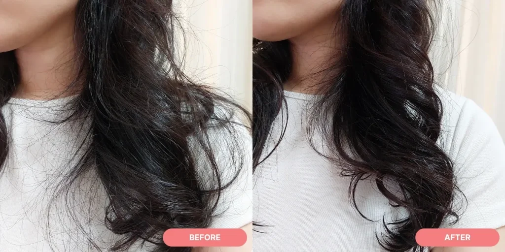 Amos Curling Essence before and after applying on dry hair