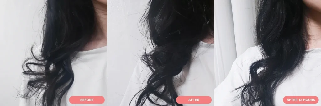 Comparing before, after, and 12 hours after applying the Amos Curling Essence