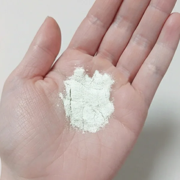 By Wishtrend Green Tea Enzyme Powder shown on a hand, with the powder spread lightly across the palm.
