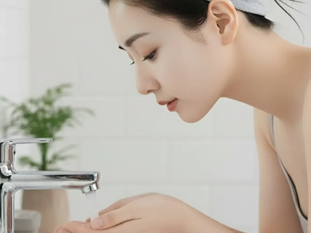 Female washing face before applying a sheet mask.